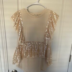 Joyfolie Tan and Gold Sequin Cap Sleeve Blouse